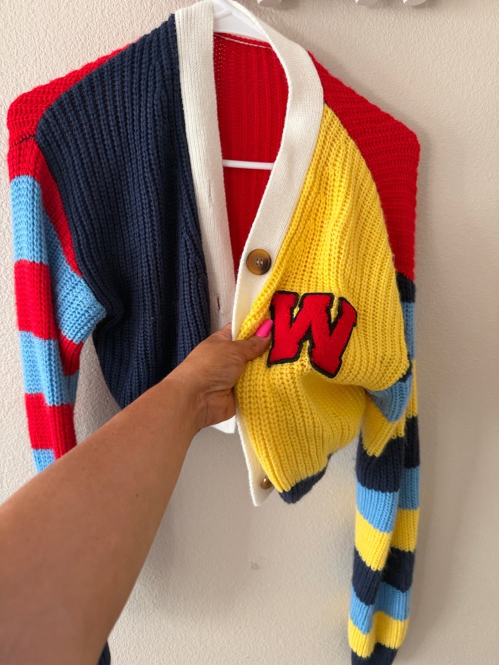 Colorblock Knit Cardigan with W Patch - Red, Yellow, Navy, Light Blue